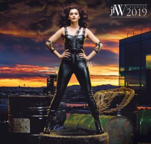 Taapsee Pannu Instagram - Channelising the craving of being a super hero! ‘Black Widow- ing ’ around for @jfwmagazine calendar 
Styling by @chaitanyarao_official 
Shot by @soondah_wamu