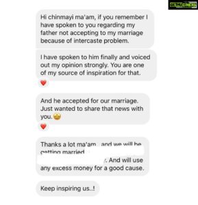 Chinmayi Instagram - ❤️❤️❤️❤️

P.S.: Just saying. I did nothing here really except listen to this person. And tell her that she can stand her ground if she is sure of her partner. The effort, convincing, everything is her work. I didnt do anything. Just wish her well and wish the couple all the happiness in the world. Caste doesn’t matter. Compatibility does. Just make sure your values, dreams and goals for life align… I guess 🤷🏻‍♀️