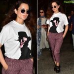 Kangana Ranaut Instagram - Fiercely Chic! Queen lands a style statement with her #Airportfashion Top @strateascarlucci Pants- @miumiu Shoes- @miumiu #KanganaRanaut #AirportDiaries #airportlooks