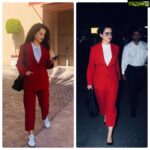 Kangana Ranaut Instagram - One suit, two ways - #Kangana style. . . Which red suit look do you prefer? The messy-hair-don't care with sneakers or the bun-red lips-heel combo? Tell us in the comments below.