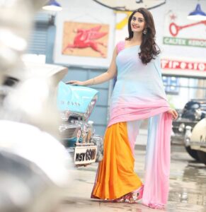 Surabhi Instagram - Feeling #Sakath ☺ Draped in this lovely pastel rainbow Saree by @aadya_designers 
Styled by @stilerush_by_varshinijanakiram
Assisted by @charny_mashi 
#Sakath