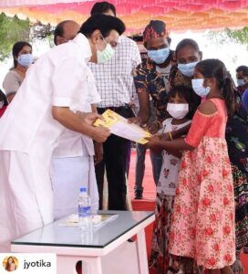 Suriya Instagram - Posted @withregram • @jyotika 
To our honourable CM , 
Thiru M.K.Stalin 
Respected sir , 
Words truly From my heart 🙏 
“Justice is truth in action “ 
And u have proved it sir,  by hearing people’s needs and doing your best to fulfil them , most importantly bringing it to immediate effect proves to us that leadership is an action and not a position. 

The positive changes you are bringing about in the educational  system is something myself  as a citizen and Agaram haven’t experienced in the last 16 years. 

Your distribution of pattas, Community certificates and important government subsidies to numerable irular  and Kuravar families is a victory for humanity and your gestures instills faith  in us towards our political system. 

In the words of the legendary 
Dr Ambedkar himself - 
“We are Indians , firstly and lastly”
Thank u for transforming his beliefs into reality. 
I thank you and respect you wholeheartedly for your governance and immediate actions , not just as a citizen but also as the mother of Diya and Dev . Thank u for becoming the inspiration for generations to come. 

Jyotika.