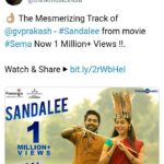 Arthana Binu Instagram – +1 million views for sandalee lyrical video ☺
It’s G V’ s magic and  credit goes to singers Velmurugan, Mahalingam and lyricist Yugabharathi!