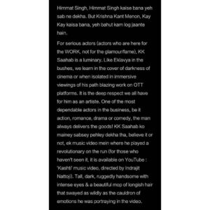 Kay Kay Menon Instagram - Thank you @vivek.madaan for your kind words! Didn't know I had such a keen observer in you! Reposting your eloquent piece, in gratitude! 🙏🤗

Reposted from @vivek.madaan A long overdue post for the one and only @kaykaymenon02 Saahab 🙏🏼🤗 (Since I couldn't write this all in one Insta caption, I had to encapsulate it in the images).

Swipe right and zoom in pls 🙏🏼🙃

#SpecialOps1.5 
@fridaystorytellers @fridayfilmworks