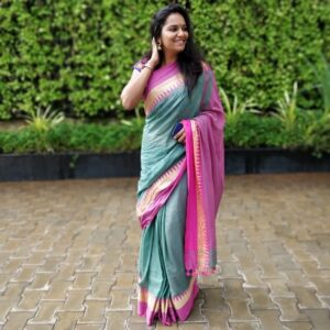 Lakshmi Priyaa Chandramouli Instagram - Today was temple visit day. I wanted to wear something new for it but also wanted it to be comfortable. Chose this lovely saree called 'Kaatril' made by @rasaalidesigns for it. It's Khadi cotton. Made from handspun cotton by weavers. Loved it! Last few months I've been particularly trying to pick sarees that are not machine made, that are handloom, direct from the weavers. This one fit right in and I absolutely enjoyed wearing it. Kudos to brands like @rasaalidesigns who focus on getting hand woven sarees to customers! Huge thumbs up! 
#HandMadeWithLove #Weavers #RaasaliDesigns #Kaatril #TempleVisits #Local #KhadiCotton #SareeLove #HandLoomSaree #NoFilter #NoMakeup