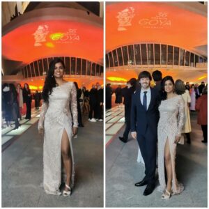 Usha Jadhav Instagram - #Goya2022 de la @academiadecine 
Con @alexcortescalahorra 
Vestido de @emiliosalinasatelier 💕
#emiliosalinas #diseñador 
.

#valencia #cineespañol #vivaelcine 
#gala #premios #actorlife #indianactress #bollywood #nationalawardwinner