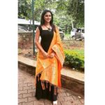 Kaniha Instagram - Thank you @laagire for this classy outfit. Banarasi orange dupatta with this black suit.Loved wearing this today ❤ Guys check out @laagire 🤗 #kaniha #banarasi #blackandorange Trivandrum, India