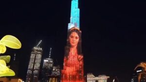 Neetha Ashok Instagram - This actually happened 😍
While I still cannot get into terms with this, it actually happened!

All the efforts our entire team has put in the making of #VikrantRona , all the love you guys have showered in making it what it is, all of this was shining so bright when we saw the logo launched in the worlds tallest building @burjkhalifa 

It gives me a great sense of joy & pride to have been part of this massive initiation by team #VikraantRona & it still leaves me with gossebumps when I think about this emotional moment! 

While I still stand amazed & it would take me a while to bounce back to reality🙈, I would however want to thank @kichchasudeepa @jack_manjunath_ @anupsbhandari and each of you who showered me & the team with all the love, blessings & constant support! ❤️