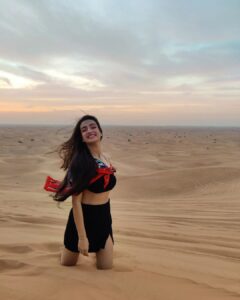 Sherlin Seth Instagram - Surreal sunsets 🧡🤌🏻
.
.
.
.
.
.
#sherlinseth #explorepage #explore #foryou #forme #viralpost #viral #desert #desertsafaridubai #goldenhour #skirt #croptop #tamilactress #bollywood