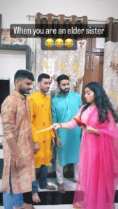 Aishwarya Sharma Bhatt Instagram - #rakshabandhan Finally I am 🏡 @pranjal.sharma312 @manassharma17 @aryanshhhhh Wearing @ambraee_ Styling @styling.your.soul #instatrending #instareels #reelitfeelit #rakshabandhan2022