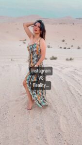 Rochelle Rao Instagram - Instagram vs reality just before I got left behind in the dessert.. 😂 wearing @advdesignhouse stunning gown & thanks to my ace videographer for life @keithsequeira for capturing the true me!