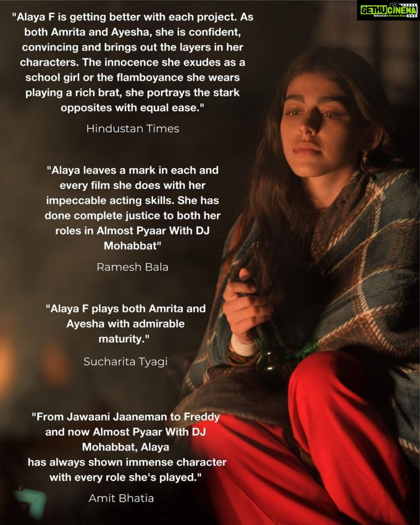 Alaya F Instagram - Thank you so much for all the love♥️ Ayesha, Amrita and Alaya are overjoyed🥰 @anuragkashyap10 sir taught me to perform without preparation and only with feeling and intuition. Lines and dialect were given to us on the spot and I barely ever got more than 2-3 takes, it forced me to be impulsive and stick to my conviction. It’s something I hope to carry with me through my whole career♥️ ALMOST PYAAR WITH DJ MOHABBAT IS IN THEATRES NOW!! Go get your tickets NOW!!♥️