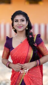 Alya Manasa Instagram - Bringing back our traditions with this wonderful Halfsaree from @ivalinmabia I am so excited to wear a Halfsaree for the first time, that too from the Number One Designer Halfsaree House in India!
.
This Halfsaree is a perfect blend of purple and a beautiful shade of peach orange giving it a super stunning look. The cotton skirt with the zari detailed motifs on the border paired with a purple blouse and a peach orange coloured dhavani with border to complete the look.
.
.
.
Halfsaree from: @ivalinmabia 
Captured by : @p2click.in 

.
#ivalinmabia #halfsaree #halfsareelove #blouse #ivalhalfsaree #halfsareefashion #sareeblouse #silkcotton #no1 #fashionable #tradition #elegance #style #beauty #mabiaboutique #mabia