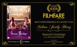 Celina Jaitly Instagram - Overwhelmed!! 

Won my first FILMFARE last night at the FILMFARE ( Middle East) Star Achievers awards in Dubai. 

“BEST PERFORMANCE IN A SHORT FILM” goes to CELINA JAITLY HAAG for SEASONS GREETINGS- by Ramkamal Mukherjee.

It took 18 years as an actor, an 8 year break from Cinema, two twin pregnancies and overcoming the loss of my parents and son to win this award as an actor. 

Thank you FILMFARE (ME), for giving this award to genuine hard work. I couldn’t make it for the awards to Dubai but this award certainly made it to my heart. 

Thank you dear Mr  @rizwan.sajan , @manjuramanan @filmfareme from the bottom of my heart, I am so grateful for this honour. 

I do not know where to begin but @ramkamalmukherjee you put your faith in  me at a time when I had lost faith in myself, I offer immense gratitude to the universe for your and our winning energy. 

Thank you @lilletedubeyofficial for being the best costar ever and training me in your amazing workshops for our film.

Thank you to my wonderful producers  @imaritrads ( big hug), @shhailendra_kkumar and @mukherjeesarbani ( Baudhi) for being so wonderful and supportive.

Thank you costar s @khanazharofficial @shreeghatak for being such good colleagues. 

Thank you to  our amazing #cinematographer @pravatendumondal for his genius work. 
 
Thank you @masalachaidubai for costumes and @sabarni.das for styling my entire character 💕

My husband @haag.peter thank you for carrying me when I had no wings, my three sons @winstonjhaag @viraajjhaag @arthurjhaag for their magical energy and blessings of my dearly departed mom n dad. Rituda this film was a tribute to your journey and wherever you are i feel your blessings, It was my beloved mothers last wish for me to return to cinema … and I am back !!!!!!!! 

For those who haven’t seen it yet
Streaming now on @zee5premium  @zee5 @zee5mena @zee5africa @zee5apac @zee5cac 

#celinajaitly #celina #celinajaitley #seasonsgraatings #filmfare #filmfareawards #filmfaremiddleeast #filmfaremiddleeastachievers #bollywood #ramkamalmukherjee #filfareme #dubai