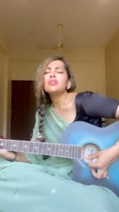 Anagha Bhosale Instagram - Just a clip of singing Hari naam & practising 🎸 
Saying the mahamantra destroys all sinful thoughts🙌🏻
.

Krishna and His name, both are similar. It is because Lord Krishna has put all his divine powers in His name. Chanting the holy name of Lord Krishna collectively means coming together and spreading the message of togetherness.

Lord Chaitanya stressed that the chanting of the Hare Krishna maha-mantra, Hare Krishna Hare Krishna, Krishna Krishna Hare Hare, Hare Rama Hare Rama ,Rama Rama Hare Hare, is the easiest means of self-realization. Mantras were only chanted softly until Lord Chaitanya started Harinam Sankirtan, the loud public and congregational chanting of the maha-mantra accompanied by musical instruments. He also taught the devotees to gracefully dance to the chanting. Once, one is caught up in the dancing and chanting, he becomes completely absorbed in the sound vibrations of the mantra. The mantra then enters his consciousness, purifies his heart and awakens his dormant love for Krishna. This style of chanting Krishna’s holy names also allows others, such as passers-by, animals and plants to benefit from the auspicious effects of the mantra.
.
When we chant the divine name of Lord Krishna, it destroys all the sinful thoughts. When people chant the name in the group, it is not just beneficial for them, but also benefit those who are moving around.