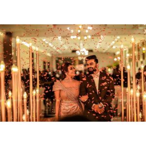 Durga Krishna Instagram - Wedding reception 
@arjunravindranofficial ♥️
#DAshaadi

Photography :  @coconut.weddings 
Events: @eventiaevents @nikhil_eventia
Durga Makeup : @vikas.vks.makeupartist 
Arjun Makeup : @nomarks_shibaz
Hair : @sudhiar.hairandmakeup
Jewellers : @sangeetha916gold
Costume: @paris_de_boutique 
Styling : @styledbysmiji 
Entertainment team : my @volcanodancecompany ♥️
Wedding cake : @sugarbeans.cochin 
Assistant : @nikhilraj002