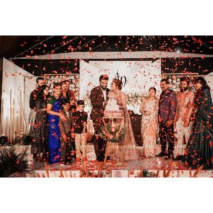 Durga Krishna Instagram - Wedding reception 
@arjunravindranofficial ♥️
#DAshaadi

Photography :  @coconut.weddings 
Events: @eventiaevents @nikhil_eventia
Durga Makeup : @vikas.vks.makeupartist 
Arjun Makeup : @nomarks_shibaz
Hair : @sudhiar.hairandmakeup
Jewellers : @sangeetha916gold
Costume: @paris_de_boutique 
Styling : @styledbysmiji 
Entertainment team : my @volcanodancecompany ♥️
Wedding cake : @sugarbeans.cochin 
Assistant : @nikhilraj002