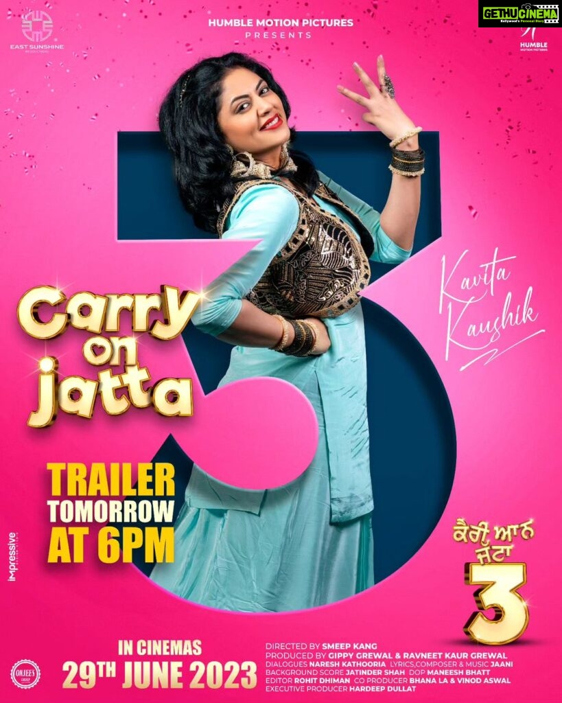 Kavita Kaushik Instagram - Can't wait for you all to see the trailer of this hilarious crazy ride of a film ! #Carryonjatta3 #carryonjatta3 in cinemas on 29th June 2023! Trailer out at 6pm tomorrow 😇❤️ Carry on jatta 3 Trailer Releasing on 30th May At 6PM 🔥🤩 #Carryonjatta3 in cinemas on 29th June 2023 🙏 @gippygrewal @binnudhillons @sonambajwa @jaswinderbhalla @smeepkang @nareshkathooria @karamjitanmol @ghuggigurpreet @iamshindagrewal_ @bpraak @jaani777 @jatindershah10 @ikavitakaushik @officialnasirchinyoti @harbysangha @bnsharma_official @officialrupinder_rupi @ravneetgrewalofficial @humblemotionpictures @carryonjattamovie @maneeshbhattofficial @amardeepsgrewal @amneetkgrewal @mannatc @eastsunshineproductions @bhana_l.a @vinodaswal13 @hardeepdullat13 @mehtaman_ @romaana44 @munishomjee @omjeegroupofficial @arvindchoreographer @rohitdhimaneditor