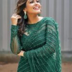 Keerthi shanthanu Instagram - 🦚 For #Superjodi finale on @zeetamizh with the fun loving @rjvijayofficial ✨ Emerald green draped saree from @studio149 ✨ Earrings : @rimliboutique ✨ Photography: @teamcreators & @stevenaj14 ✨