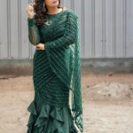 Keerthi shanthanu Instagram - 🦚 For #Superjodi finale on @zeetamizh with the fun loving @rjvijayofficial ✨ Emerald green draped saree from @studio149 ✨ Earrings : @rimliboutique ✨ Photography: @teamcreators & @stevenaj14 ✨