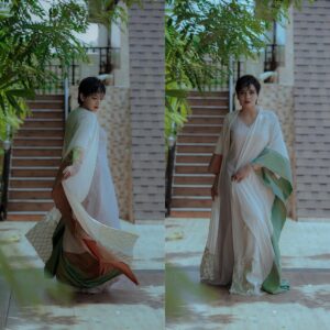 Lena Kumar Instagram - Flowing couture…,

@fashionbaycouture @vineeshsmoke 
 @shezone_makeup 
 @dcjewellers.official 
 @devieventresort