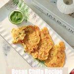 Roshni Chopra Instagram - Besan Chilla - I can literally eat this anytime! (easy recipe) 1/2 cup besan Chopped green chilli and onion to taste Pinch of salt Pinch of haldi 1/4 cup water Mix well and fry in ghee Mint chutney - blend together the following 1 cupMint leaves( please wash and clean ) 1/2 cup coriander leaves Add the juice of 1 lemon 1or 2 green chillies 1/2 thumb Chopped ginger Salt to taste #rorecipe #easyrecipes #besanchilla #snacktime