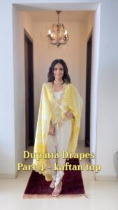 Roshni Chopra Instagram - The Kaftaan Drape 💛- is so flowy and looks great over Dhoti pants or a lehenga skirt ! TRY IT to give your old Dupatta a new spin! 

#rovive #rostyle #drape #dupatta #dhoti #indianwedding #sangeet #shaadi #mehendi #dupattastyle