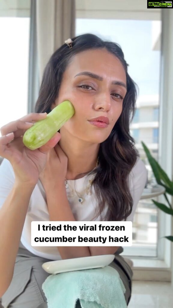 Roshni Chopra Instagram - Ok it actually works ! To try - wash peel and freeze cucumber in the freezer for a few hours ) then remove - give it 5 mins to thaw a bit and rub over the face in upward directions like you would with a gua sha or jade roller . You can wash, chop , freeze and reuse or make ice cubes too! Cucumber is loaded with vitamin C, Vitamin K and folic acid to name a few and the ice cold temperature with a massage just gives the most amazing results! #robeauty #beautydiy #viralbeautyhacks #beautyhack #robeautywednesday #beautytips #naturalbeauty