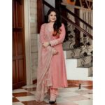 Shafna Instagram - Flaunting my pink A line suit embellished in crotio work with heavy ari worked dupatta by @jazaashdesignstudio ♥️ Makeup and hairstyling @makeoverbyhayahakeem_ ♥️ Pics captured @jaison_jac_photographer ♥️ Accessories @trinetra_collections ♥️