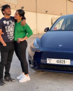 Shubhaavi Choksey Instagram - When I give a compliment to harshal for his ideology about sustainable transport especially when he is a biiiig car lover , this is the reaction i get …. I’m proud the way you think and are … The new Tesla Y… 
Waiting for Tesla to come to India 🇮🇳 
#proud #gratitude #tesla #2022