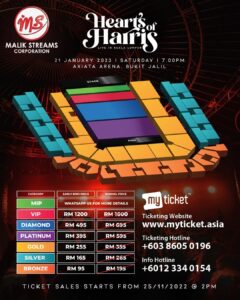 Harris Jayaraj Instagram - The moment you all have been waiting for 🔥

The category and pricing list for Hearts of Harris - Live in Kuala Lumpur is finally out.

Ticket sales starts from 25/11/2022 @ 2pm. Plan your night right away, let's vibe together!

Hearts of Harris | Live in Kuala Lumpur
21 January 2023
Axiata Arena, Bukit Jalil

@jharrisjayaraj
@datoabdulmalik

#HeartsofHarris
#HarrisJbyMSC
#malikstreams
#HarrisJayaraj
#liveinconcert
#kualalumpur