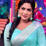 Swasika Instagram - "Let positivity wash over you like a wave of blue - calming, refreshing, and endlessly inspiring." Mua : @aneeshcbabumakeupartist Stylist : @amal_gop Saree : @ajs_attires Jewelleries: @kaya_online_ #swasika #bluelook #musings #life