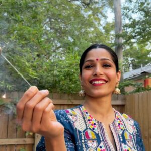 Freida Pinto Instagram - Diwali is such a special part of my childhood. For years with travel and work, I was pulled away from the traditions and celebrations of this joyous festival. But this year with Rumi in my life I took a much required pause and brought on some parts of the festivities to our home.  It was emotional and heartwarming celebrating with my family and friends. Cannot wait to keep doing this year after year. Happy Diwali! 🎇