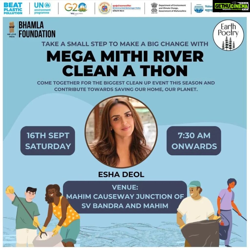 Hema Malini Instagram - Join Esha on 16th September, Saturday morning 7:30am with the @bhamlafoundation @earthpoetry_india to save OUR MITHI River ! @imeshadeol @kiren.rijiju @official.anuragthakur @bhamlafoundation @earthpoetry_india @shombi.sharp @narwekarrahulmla #itsrahulshewale
