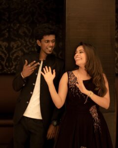 Keerthi shanthanu Instagram - Hosting along with @bjbala_kpy is semma fun🤩 sweet guy! For #pichaikaran2 audio launch ! Thank u @camerasenthil anna for these quick & fun captures 🤩 Outfit : @malarvikrambridalcouture