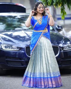 Aashika Padukone Instagram - Beautiful dress, beautiful me! 
Embracing the elegance of this stunning attire. 💙

 #ConfidenceInStyle #traditional #zeetelugu #comingsoon #show #halfsaree #festiveoutfit #festivecollection #lookfortheday 

Hairby: @praneetha_beautymakeover 
Outfit: @maramsclothing_official 
PC: @paulino_pictures