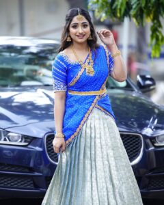 Aashika Padukone Instagram - Beautiful dress, beautiful me! 
Embracing the elegance of this stunning attire. 💙

 #ConfidenceInStyle #traditional #zeetelugu #comingsoon #show #halfsaree #festiveoutfit #festivecollection #lookfortheday 

Hairby: @praneetha_beautymakeover 
Outfit: @maramsclothing_official 
PC: @paulino_pictures