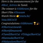 Abhirami Venkatachalam Instagram - Firstly I would like to thank my whole team and my coactors , without them this would have been impossible 🙏🏼 @balaji_krish18 my director my buddy thanks for believing in me 🙏🏼🙏🏼🙏🏼 swasam is too special for me ... @iam_arjun.raam you were such an amazing coartist thanks for being so supportive....♥️ @mrkrrish machi I still remember our montage shots ..., how funny it was for us ... sirichu sethom... on the whole m extremely happy we bagged the best actress award and of course my lovely fam and all beloved good hearted ones who voted for me and made this possible 🤗🤗🤗 #shortfilm #awards #swasam #special #closeto #heart #team #work #film #actor #life #positive #vibe #gods #blessings #gratitude #fam #love #nohate #hardwork #nevergiveup #abhirami #abhiramivenkatachalam #motivate