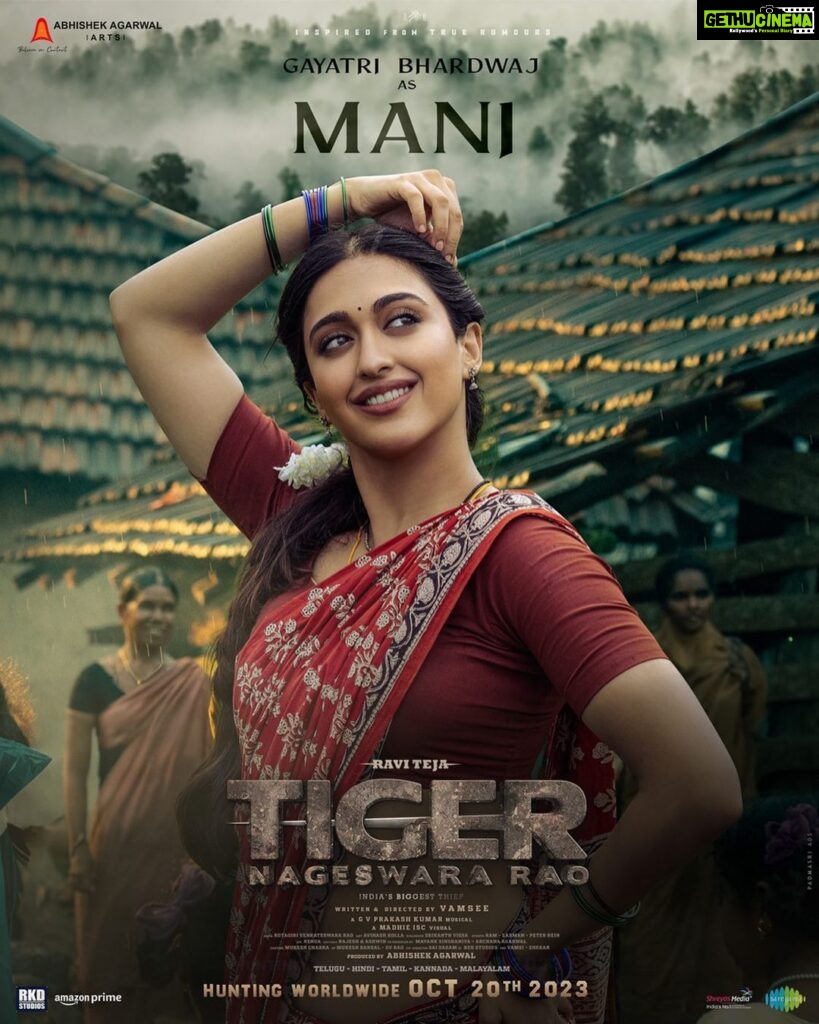 Gayatri Bhardwaj Instagram - And it’s HEREEEE✨ Introducing @gayatribhardwaj__ as #Mani from #TigerNageswaraRao - 𝙏𝙃𝙀 𝙇𝙄𝙁𝙀 𝙊𝙁 𝙏𝙄𝙂𝙀𝙍 𝙉𝘼𝙂𝙀𝙎𝙒𝘼𝙍𝘼 𝙍𝘼𝙊 🔥 3rd Single Update soon 🥁 In Cinemas Oct 20th 🥷 @raviteja_2628 @dirvamsikrishna @anupampkher @abhishekofficl @aaartsofficial @nupursanon @renuudesai @anukreethy_vas @senguptajisshu @gvprakash @premrakshith_choreographer @madhie_dop @kollaavinash @srikanth_vissa @castingchhabra @mayank_singhaniya @archana.singal.12 @saregamatelugu @reliance.entertainment