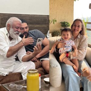 Hazel Keech Instagram - The same face, the same smile, the same hands, the same feet, the same eyes, the same temper (though ive only heard, phew!) happy happy birthday Dadaji from your mini me Orion…. And me 😄 love you papa. See you soon ❤️