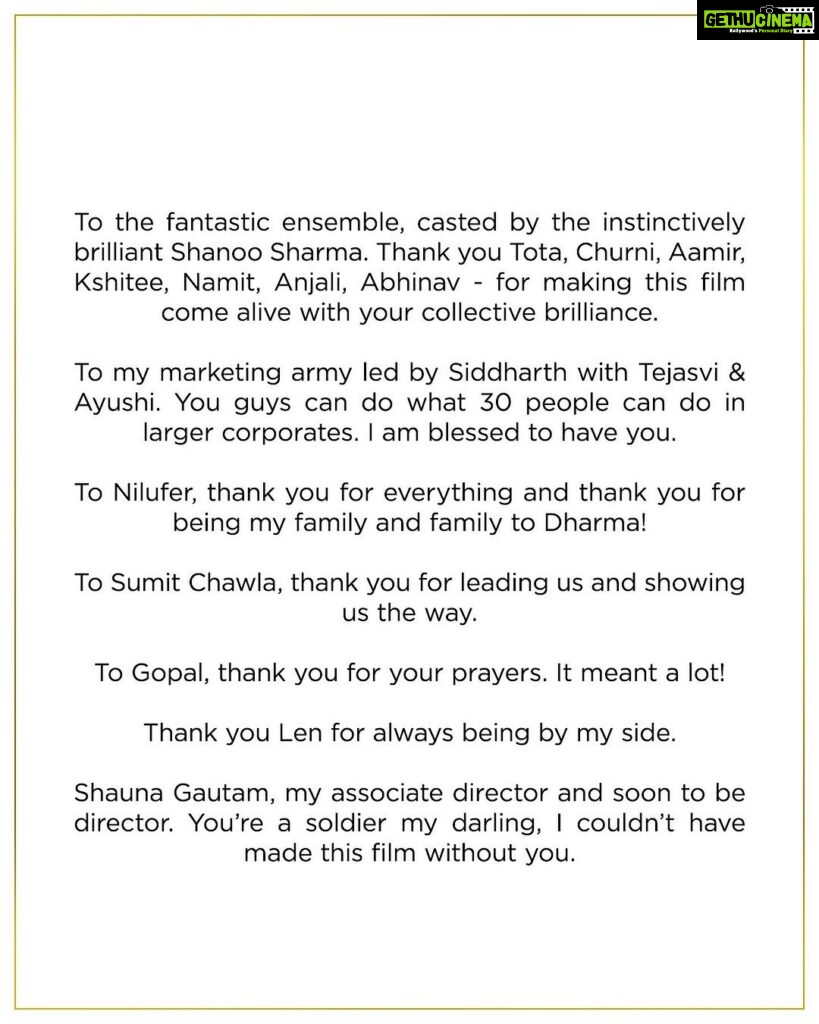 Karan Johar Instagram - To everyone - thank you!💜 @aapkadharam #JayaBachchan @azmishabana18 @ranveersingh @aliaabhatt @totaroychoudhury @utterlychurni @kshiteejog #AamirBashir @namitdas @anjalidineshanand @abhinavsharma5 @apoorva1972 @ajit_andhare @_ishita_moitra_ @shashankkhaitan @gogoroy @somenmishra @dharmamovies @viacom18studios @saregama_official @vikrammehra30 @manishmalhotra05 @ekalakhani @manushnandandop @baidnitin @amritamahalnakai @sohelsanwari @vaibhavi.merchant @ganeshacharyaa @remodsouza @farahkhankunder #RahulNanda #HimanshuNanda @shanoosharmarahihai @niluferq @kadamsid13 @tjwalebabu @ayushii17 #SumitChawla #Gopal @len5bm @shaunagautam @bindraamritpal @putlu @shwetabachchan @aartishetty @pooja__shetty @gaurikhan