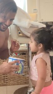 Karanvir Bohra Instagram - Tried the same #icecream trick… but my girl is getting patient and learning some increase manners… proud of you #jija 
And ofcourse the elder one has to come to get rescue