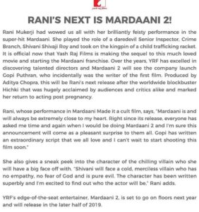 Rani Mukerji Instagram - So I just watched Mardaani last night (it’s just so intense and bloodcurdling, I have nightmares every time I watch it) and I love Shivani Shivaji Roy she has spunk, charisma and character like yess Rani what a character, I’m excited to see her return ❤️! I just really hope it’s not as graphic and cast someone like ShahRukh or AAMIR for the villain? Mardaani was jut a bit much to digest, it is quite disturbing with child trafficking and rape scenes tho, I hope Mardaani 2 is less severe, like a murder lol. But yay! NEW FILM ANNOUNCEMENT!