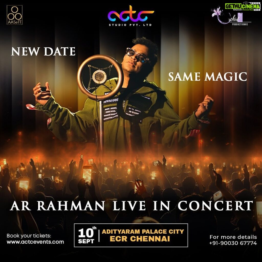 A. R. Rahman Instagram - Chennai! Thank you for being so kind and patient with us! The new date for our show is the 10th of September! Use the same tickets and join us for this very special evening! @actc_events @aasett_digital @orchid_productionns @BToSproductions #arrahman #arrlive #liveinchennai #MarakkumaNenjam #30YearsofRahmania Chennai, India