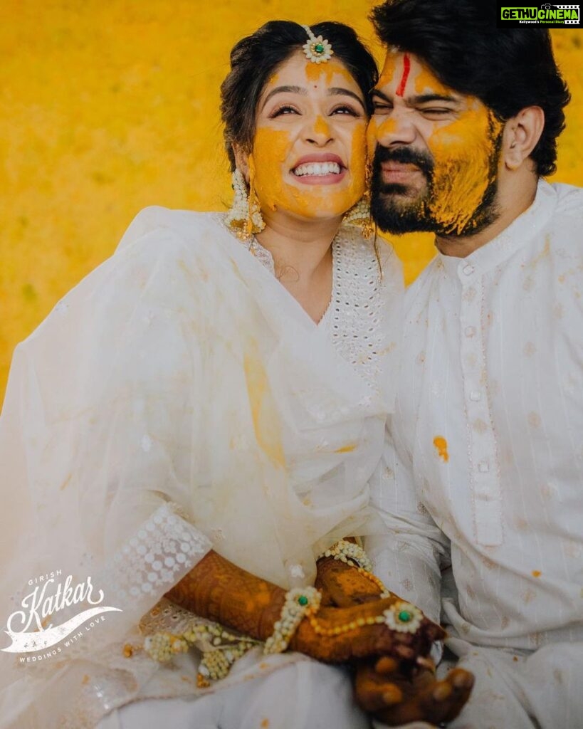 Akshaya Deodhar Instagram - Haldi dress is very special for every Bride-Groom, and so was for us. @labelsonalesawant created the most beautiful & comfortable outfits for both of us.🤍 So if you’re looking for stylish and comfortable outfits for your celebrations, Do visit ‘Label Sonale Sawant’ , A highly recommended place for all brides and grooms. . Again, Thank you so much @labelsonalesawant for creating this simple yet elegant look. We love it.🤗 . . Akshaya’s & Hardeek’s Beautiful outfits by @labelsonalesawant Styled by @stylist.chaitalikulkarni Pictures by Team @girish_katkar_photography Floral Jewellery by @swatiwaghcreation Akshaya’s Makeup by @madhurikhese_makeupartist Akshaya’s Hair by @komalpashankar_makeupartist Hardeek’s Hair & Makeup- @makeovers_by_rahul Wedding decor & management @a3eventsandmedia Wedding planner @bhagatamol Location- @siddhigardensandbanquets Managed by @wechitramedia @n.i.d.s_ @amolghodake_ . #AHa #AkshayaDeodhar #HardeekJoshi #AkshayaHardeek