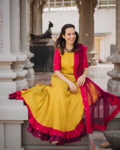 Amrutha Srinivasan Instagram - Oh I almost forgot this one! :) I love love love yellow and violet. And this dress was a beauty to wear and walk around in. So comfortable. Fabric that moves with you also. #lessismore 
For @manjalcouture by @vinosekar 
Styled by @lavanya_gopal 
MUA: @suganthi.themua
Shot by @vidhyavijay the mass, who didn't get irritated with some of the fake candids we have. One day. You and me. I'll try to let loose, okay?