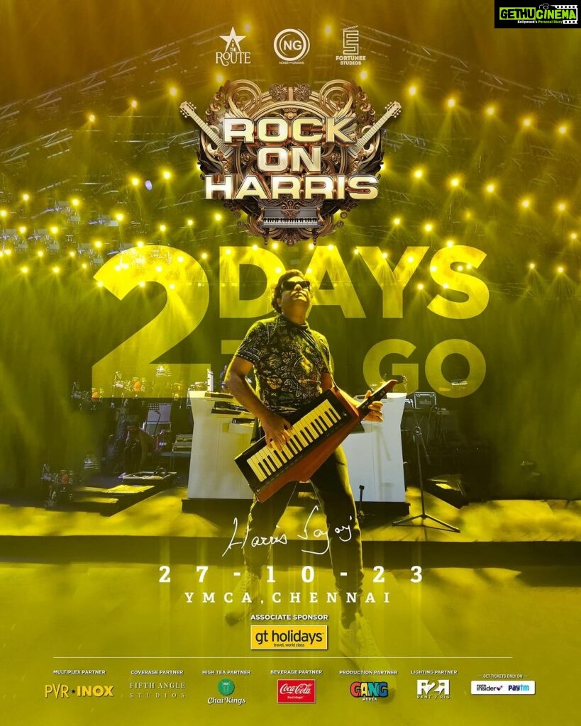 Harris Jayaraj Instagram - Just ✌🏻 more days to go, Chennai!! 🫶🏻 “ROCK ON HARRIS - Live In Concert, Chennai” 🎸 27/10/2023 at YMCA Nandanam Book your Tickets NOW @insider.in (Link in bio) 🎫 @jharrisjayaraj @noiseandgrains @therouteofficial @fortunee_studios @jagadish_palanisamy @karya2000 @itisveer @itssuryakumar_sk @gtholidays.in @pvrpictures @chai_kings @cocacola_india @fifthanglestudios @gangmedia_offl @rent2rig #RockOn #HarrisJayaraj #NoiseandGrains #Chennai