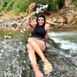 Lahari Shari Instagram - Just me, a rock, and the river. Finding joy in the simple pleasures of life.💃 Photographer : @troyphotographyofficial #WaterPlay #RiverVibes #NatureLover #HappinessIsHere #SmilingFromEarToEar #LivingInTheMoment #BlissfulDays #RockingWithNature #SereneSerenade Hyderabad