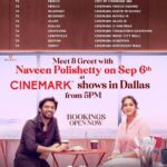 Naveen Instagram - #MissShettyMrPolishetty ki Megastar Chiranjeevi garu ichina energy and blockbuster review to America stand up tour start chestunamu. Here are the locations in Dallas where you can watch the premieres on 6th Sep with me starting with 130 pm show. Will be making visits to all the houseful shows Dallas. So follow @PrathyangiraUS and book your tickets now . Surprise visits at lots of cities in USA for the premieres starting 6th Sep. Let’s do this guys 🔥🔥love and laughter coming your way. Spread the love #Dallas . Dallaspuram it’s time 🔥🔥