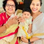 Pooja Ramachandran Instagram - My baby’s first Onam and his 4th month Birthday and missing @highonkokken sooooo much! Happy to have mom with us to celebrate. #onam2023 #kiaankokken #firstonam #keralasaree